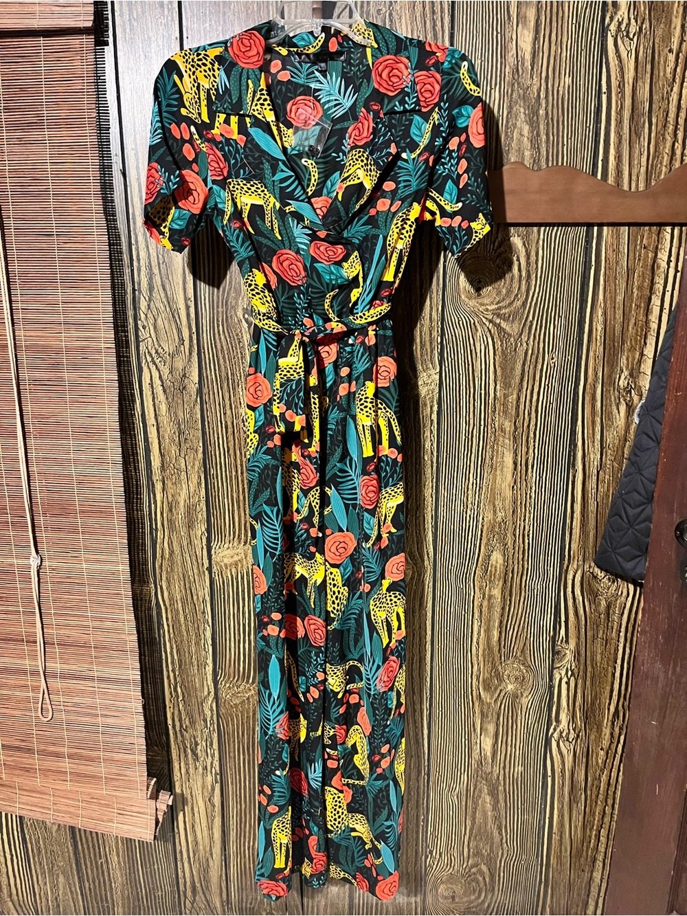 Floral & Leopard Print Wrap Romper in Black with Red Roses